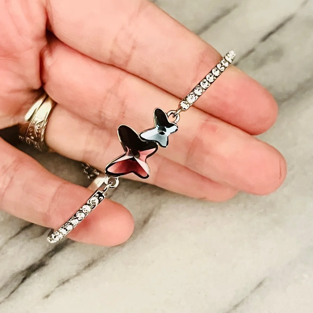 Crystal Butterfly Bracelet Blue Purple Pink Bangle Rhodium Plated Hypoallergenic